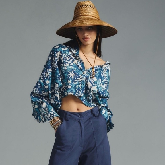 Pilcro Anthropologie Cropped Batwing Blouse XXS Oversized Ruffle Batik Blue - Picture 2 of 16